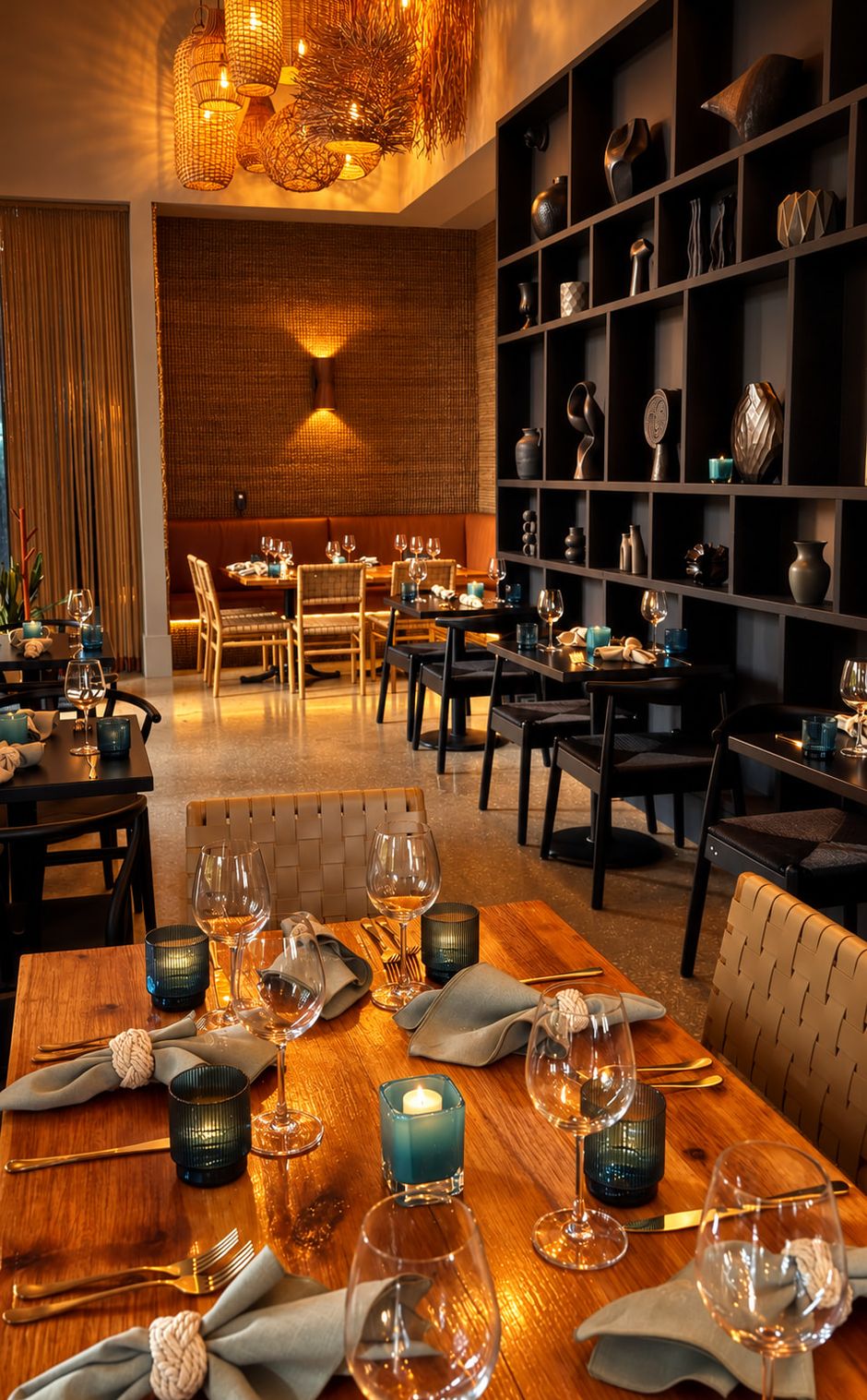 The dining room, set for service under woven lanterns